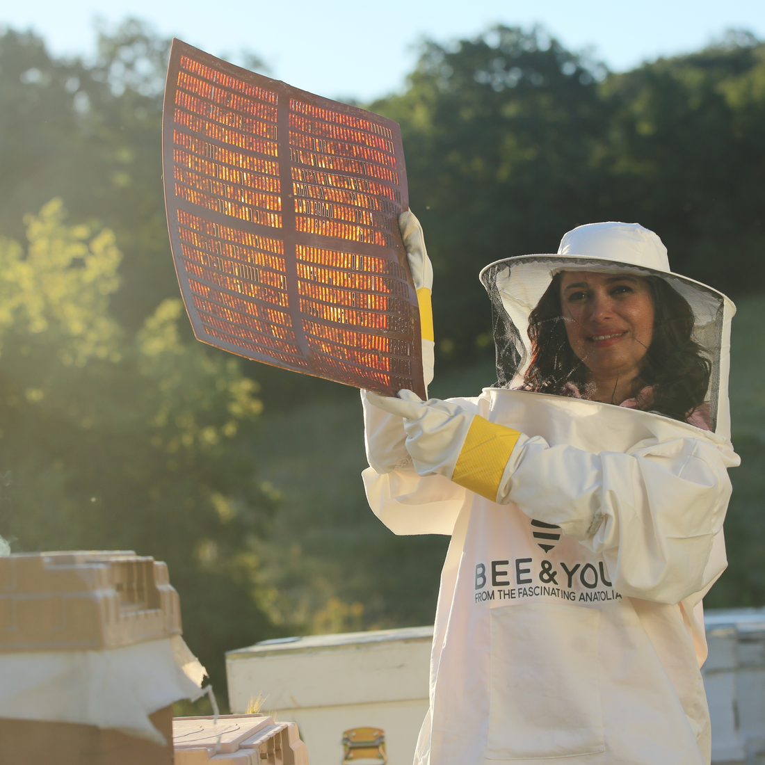 woman holding a pad of honey combs under the soft sunlight