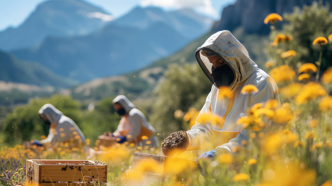 Imker bei der Honigernte auf einer blühenden Bergwiese in den Schweizer Alpen – traditionelle Gewinnung von Schweizer Berghonig.