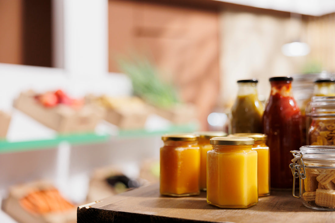 Verschiedene Honiggläser und Lebensmittel in einem Schweizer Verkaufsregal – Vergleich von Supermarkt-Honig und Premium-Honig