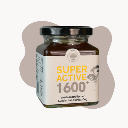 Glass jar of Super Active 1600+ Australian eucalyptus honey with a black lid and cream label, shown from the front at a slight angle on a white background.
