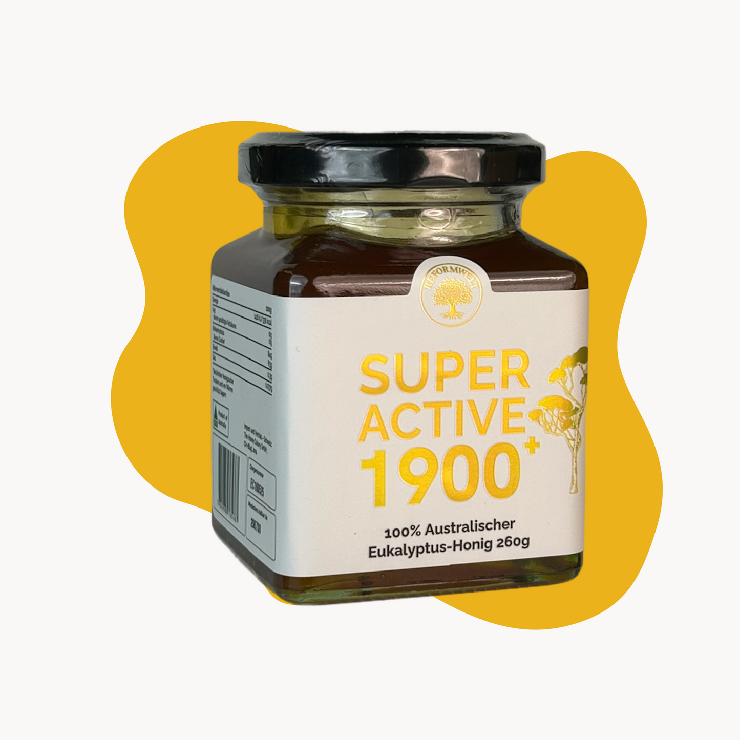 Reformwelt Super Active 1900+ australischer Eukalyptus-Honig im 260g Glas mit schwarzem Deckel vor gelbem Hintergrund.