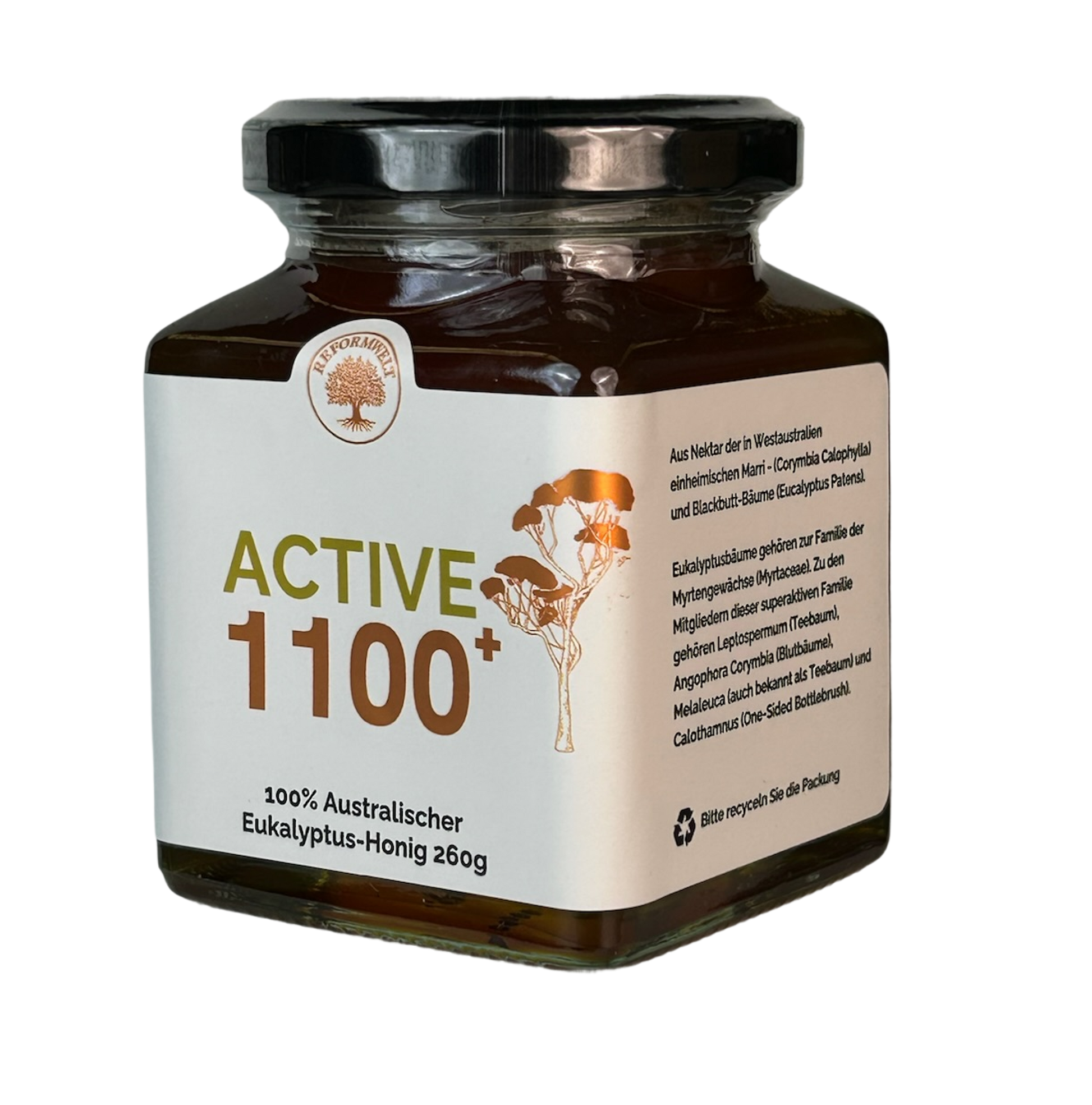 Glas Active 1100+ australischer Eukalyptus-Honig, schräg von der Seite mit cremefarbenem Etikett und Produktbeschreibung.