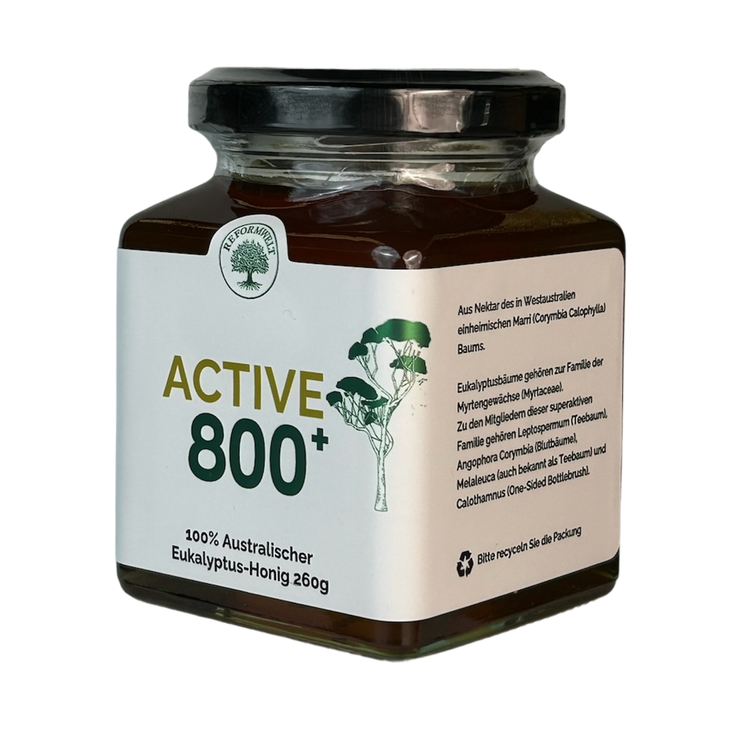 Glas Active 800+ australischer Eukalyptus-Honig, schräg von der Seite mit cremefarbenem Etikett und Produktbeschreibung.