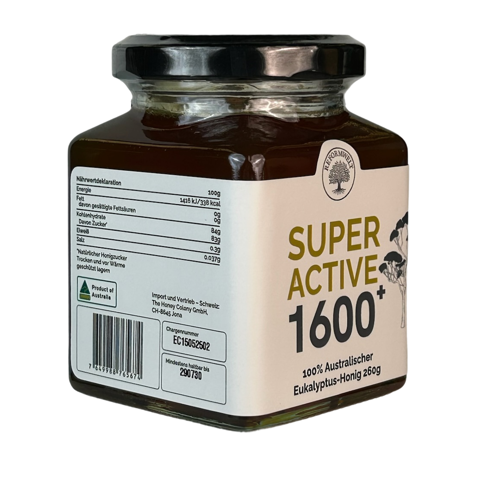 Glas mit Super Active 1600+ australischem Eukalyptus-Honig, schwarzem Deckel und cremefarbenem Etikett, seitlich im Winkel auf transparentem Hintergrund dargestellt.