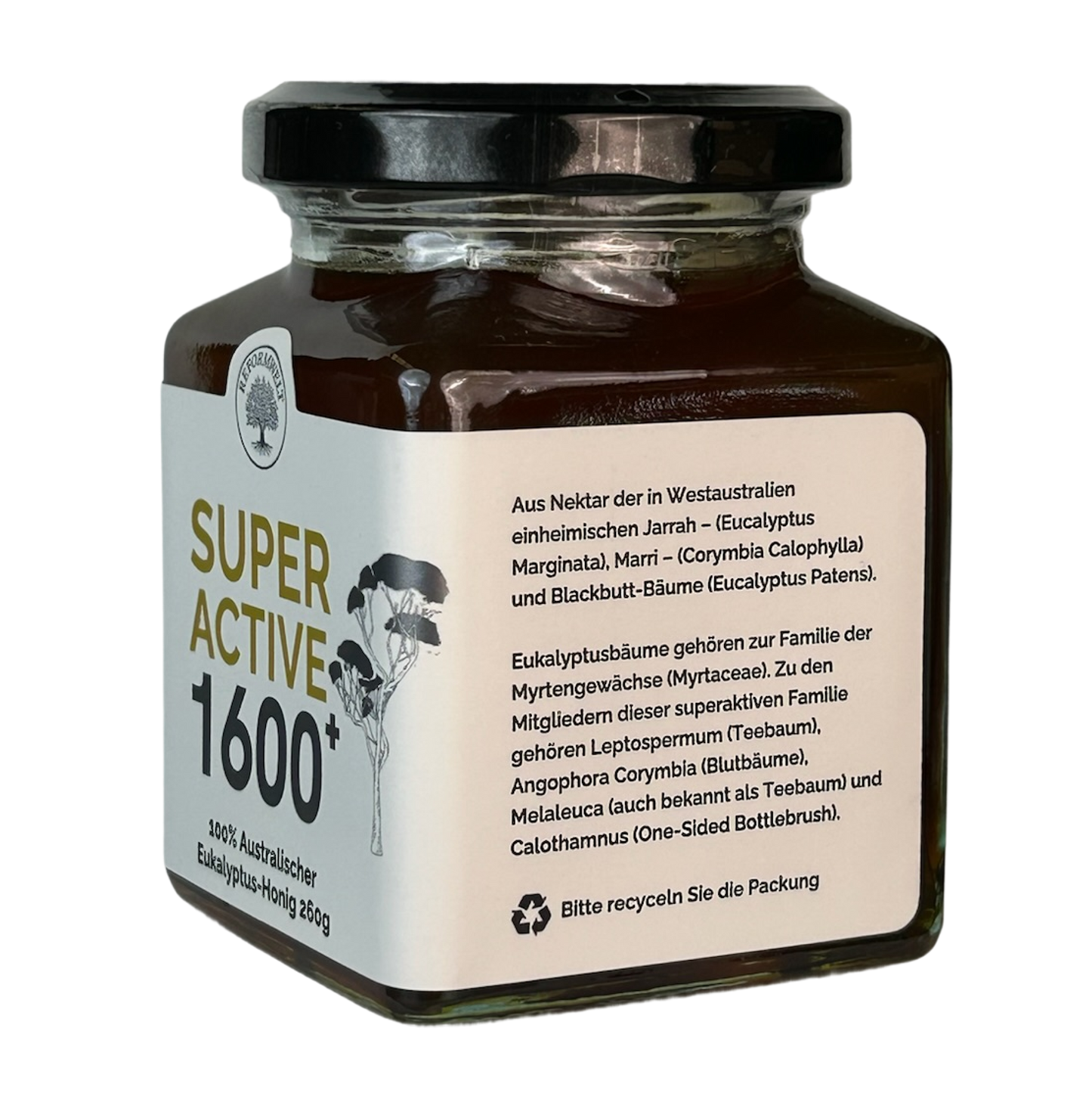 Glas mit Super Active 1600+ australischem Eukalyptus-Honig, schwarzem Deckel und cremefarbenem Etikett, schräg von der Seite auf transparentem Hintergrund dargestellt.