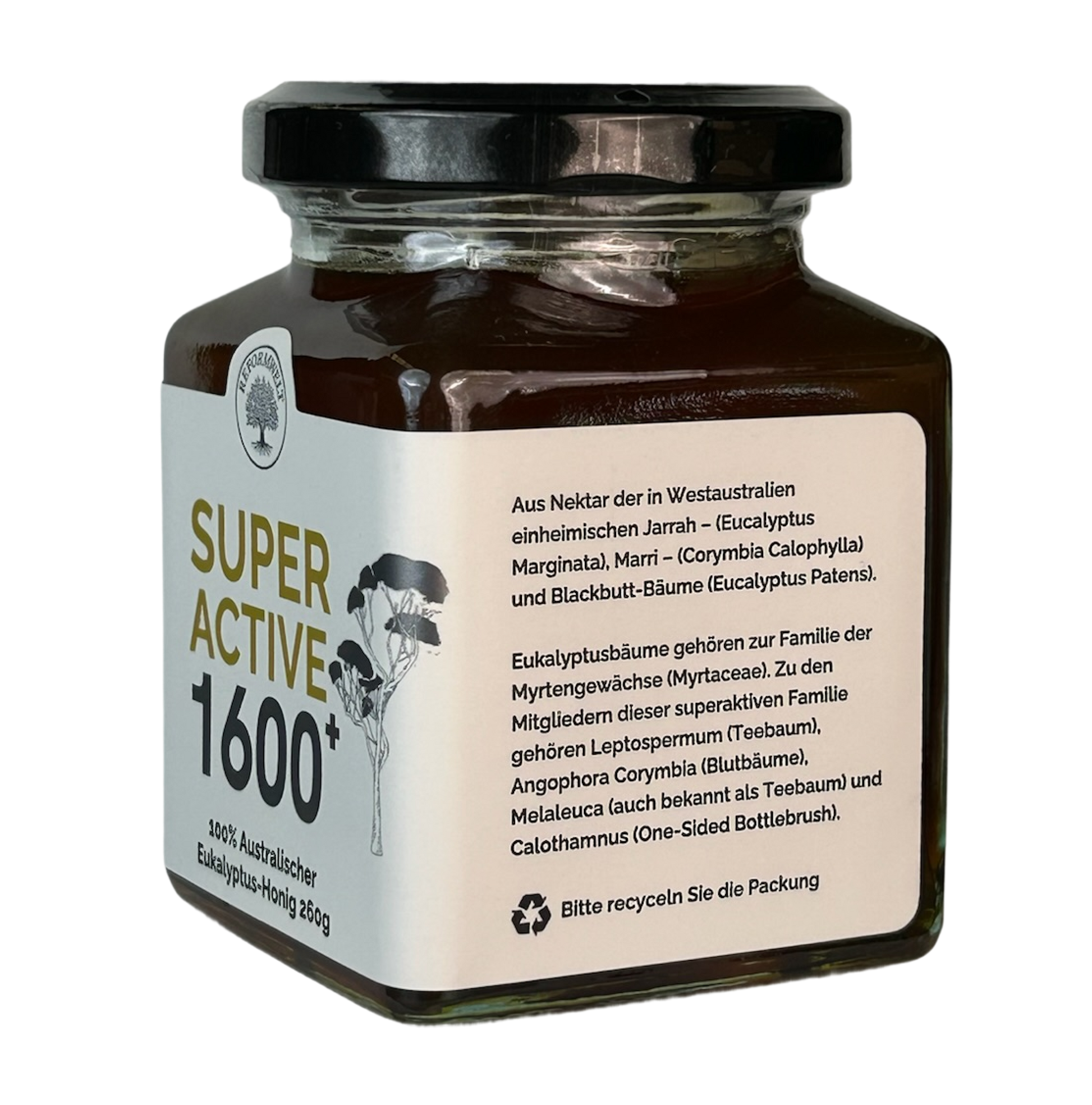 Glas mit Super Active 1600+ australischem Eukalyptus-Honig, schwarzem Deckel und cremefarbenem Etikett, schräg von der Seite auf transparentem Hintergrund dargestellt.