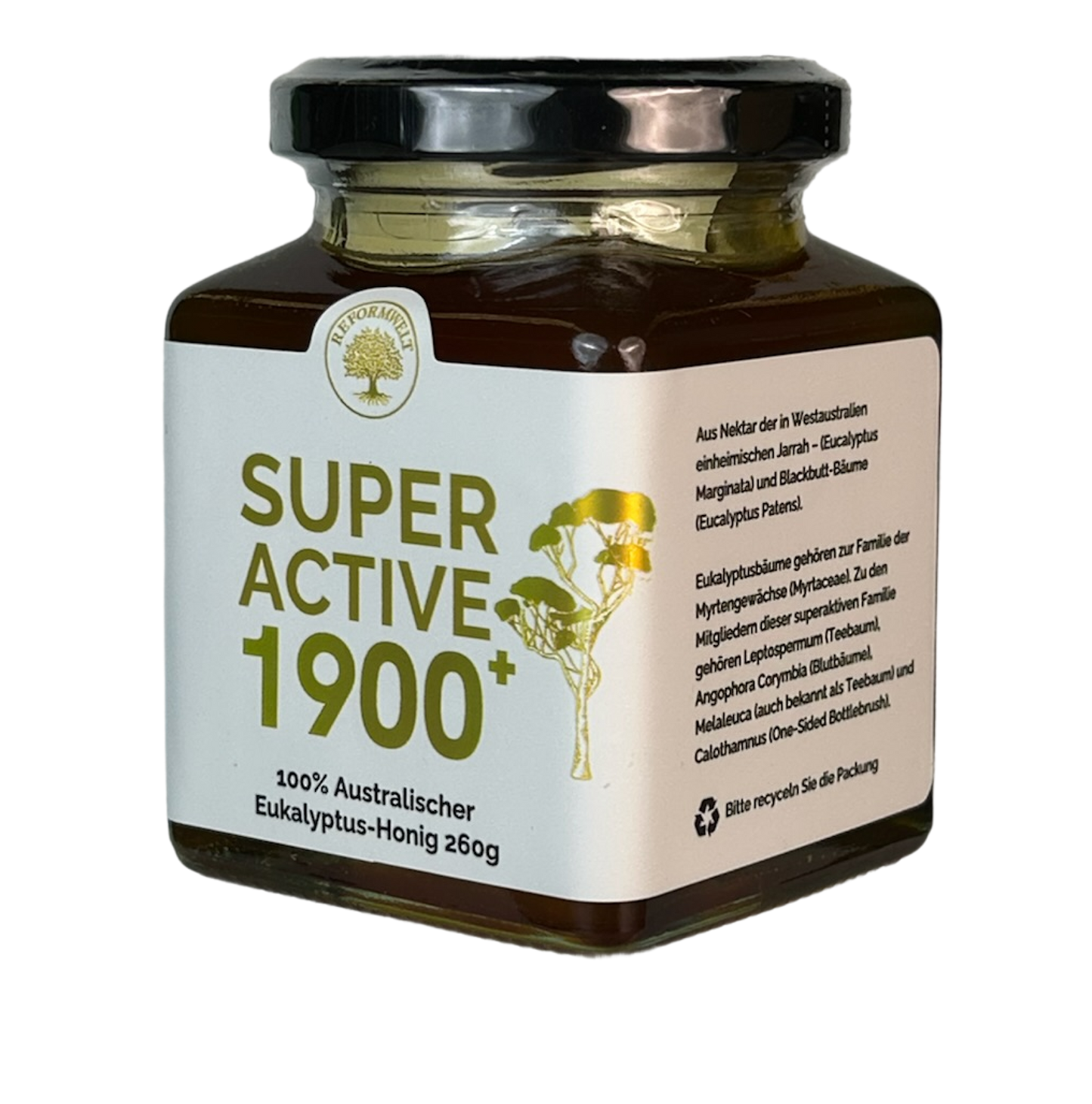 Glass jar of Super Active 1900+ Australian eucalyptus honey with a black lid and cream label, shown from the front at a slight angle on a transparent background.