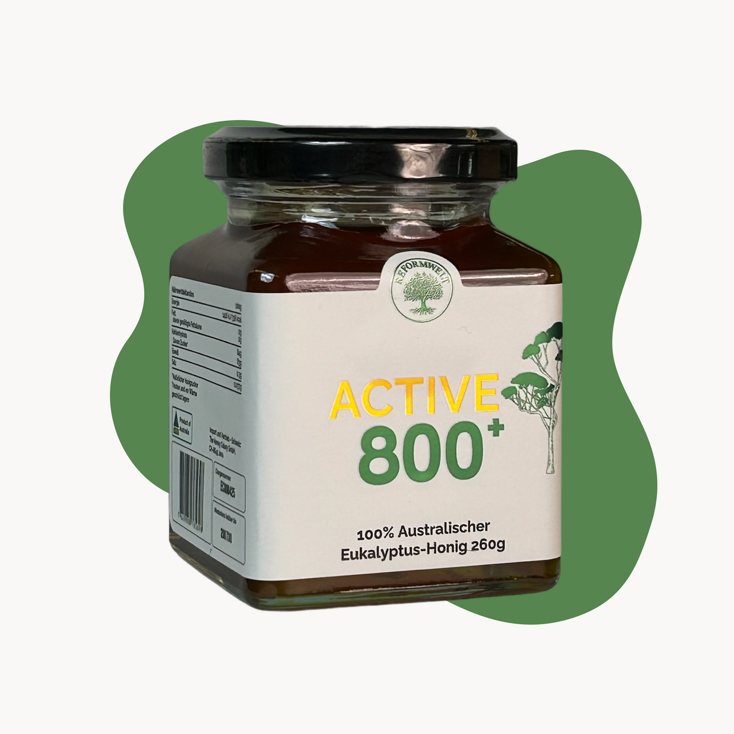 A jar of Active 800+ with black jar cap cover on a green free shaped background.