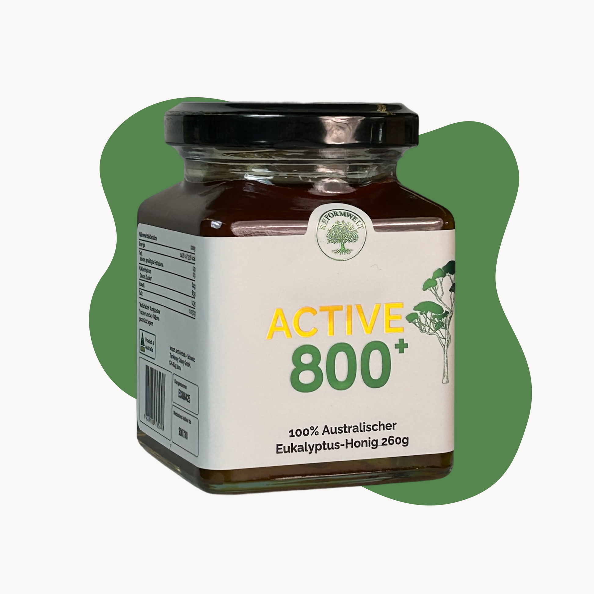 A jar of Active 800+ with black jar cap cover on a green free shaped background.